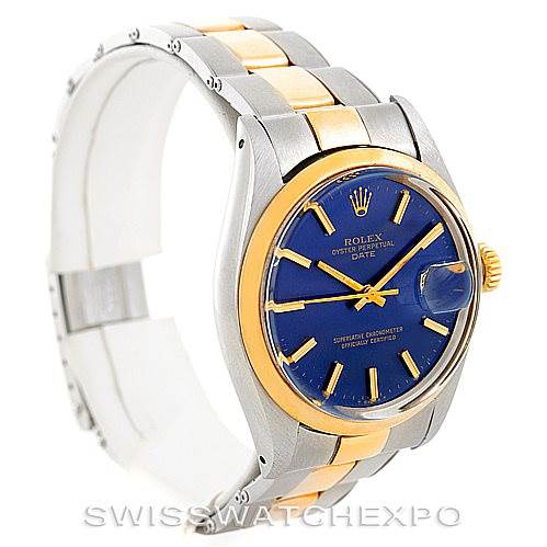 The Rolex Vintage Collection 1500 Men's Steel and Gold (two tone) Blue Dial 1500 Men's Steel and Gold (two tone) Blue Dial watch is shown at a side angle highlighting its metal band, blue dial, and gold bezel.