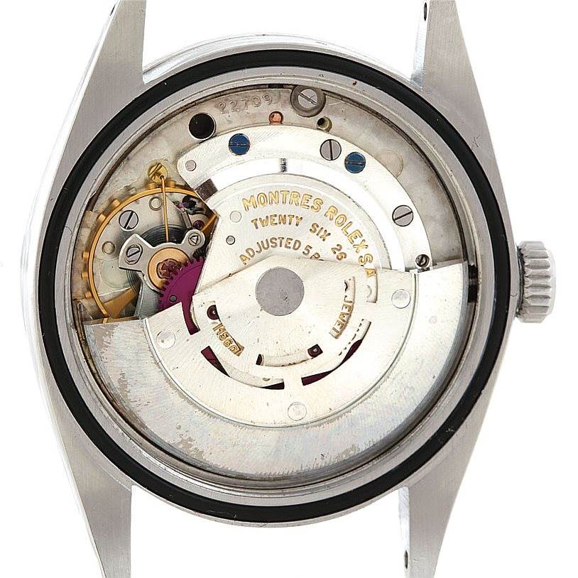 The image shows the inner mechanism of the Rolex Vintage Collection 1016 Men's Stainless Steel Black Dial 1016 Men's Stainless Steel Black Dial model viewed from the back.