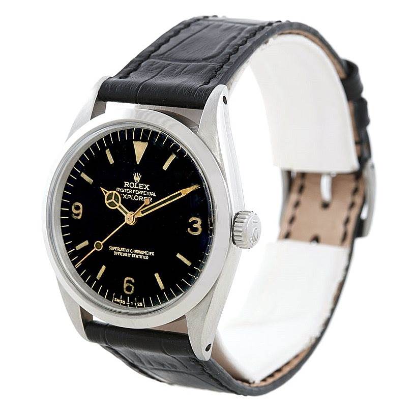 The Rolex Vintage Collection 1016 Men's Stainless Steel Black Dial 1016 Men's Stainless Steel Black Dial model watch is shown at a three-quarter angle displaying the dial, bezel, crown, and black leather strap.