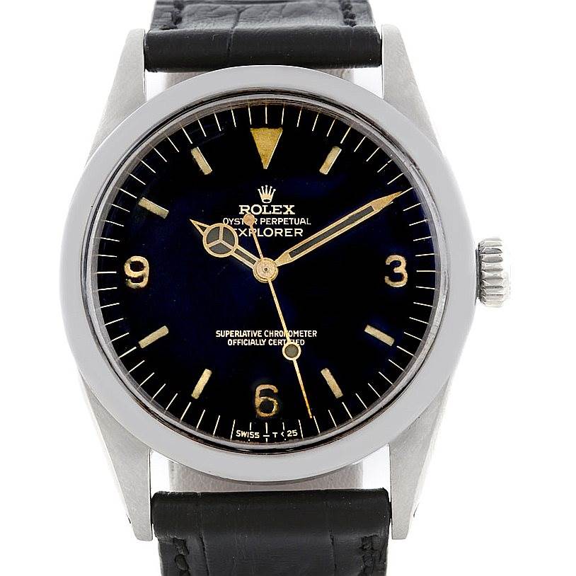 This Rolex Vintage Collection 1016 Men's Stainless Steel Black Dial 1016 Men's Stainless Steel Black Dial model is shown from the front, displaying the face, hour markers, hands, and leather strap.