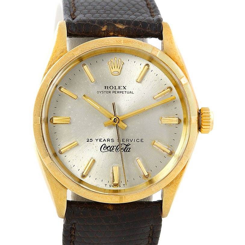 The image shows a close-up front view of a Rolex Vintage Collection 1003 Yellow Gold Silver Dial 1003 Yellow Gold Silver Dial Oyster Perpetual watch.