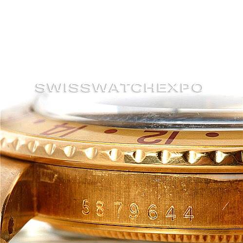 This close-up angle shows the side of the bezel and case, along with the serial number of the Rolex Vintage Collection 1675 Men's Yellow Gold Brown Dial 1675 Men's Yellow Gold Brown Dial model.