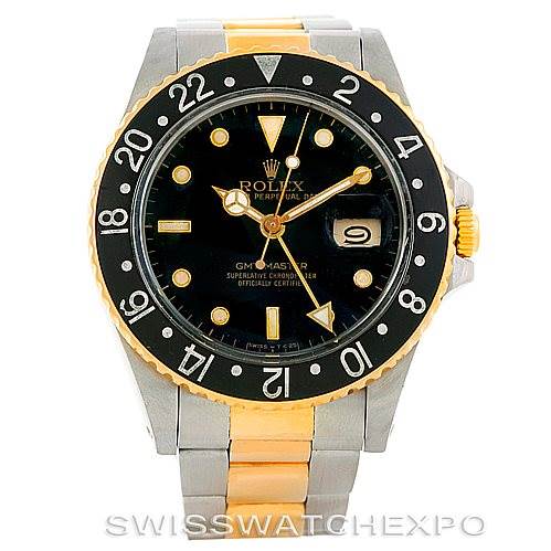 The image shows a front view of the Rolex Vintage Collection 16753 Men's Stainless Steel Black Dial 16753 Men's Stainless Steel Black Dial GMT-Master II watch, highlighting its dial, bezel, and bracelet.