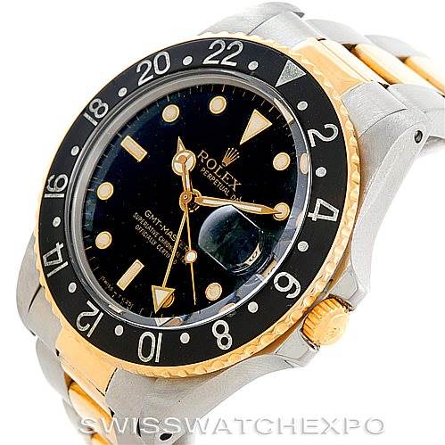 This image shows a close-up of the face and part of the band of a Rolex Vintage Collection 16753 Men's Stainless Steel Black Dial 16753 Men's Stainless Steel Black Dial watch.