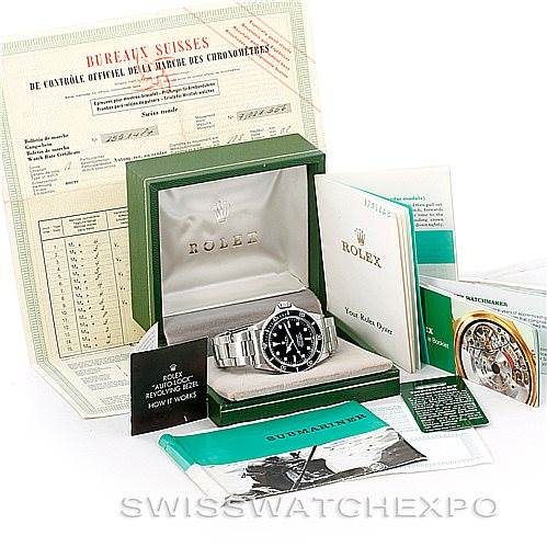 The image shows a Rolex Vintage Collection 5512 Men's Stainless Steel  5512 Men's Stainless Steel  watch, its box, certificates, manuals, and booklets from a frontal angle.