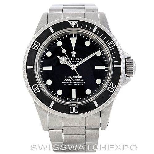 The image shows a front view of the Rolex Vintage Collection 5512 Men's Stainless Steel  5512 Men's Stainless Steel  Submariner watch, displaying its dial, bezel, and bracelet.