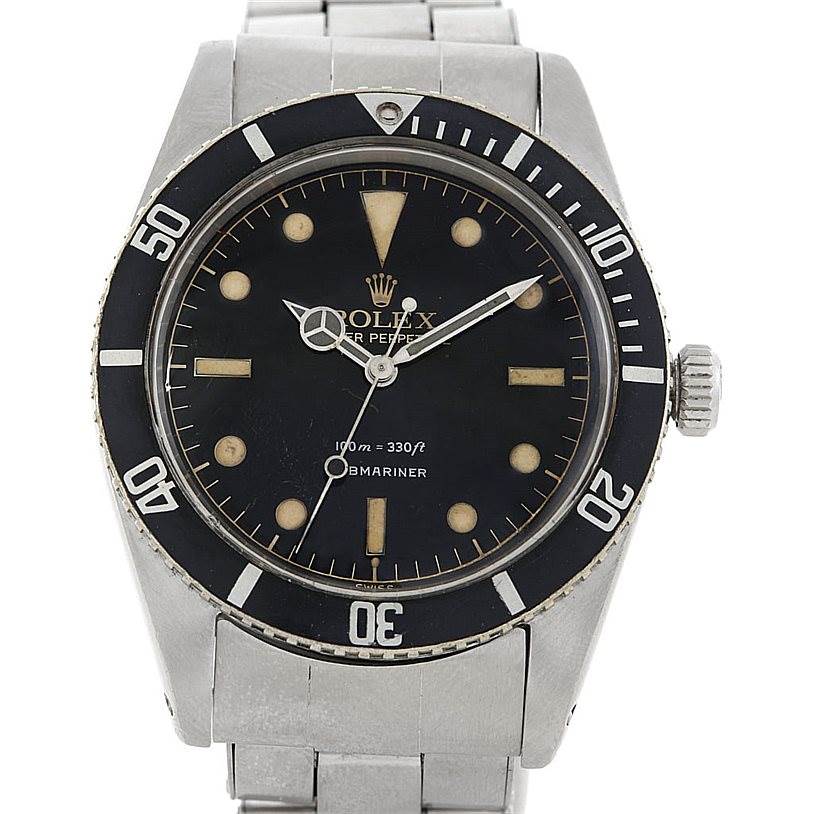 The image shows a front view of the Rolex Vintage Collection 5508 Men's Stainless Steel Black Dial 5508 Men's Stainless Steel Black Dial Submariner, highlighting the bezel, dial, and bracelet.