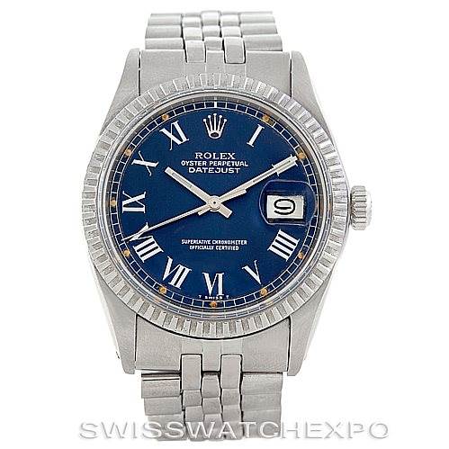 The image shows a front view of a Rolex Vintage Collection 1603 Men's Stainless Steel Blue Dial 1603 Men's Stainless Steel Blue Dial Datejust watch, featuring a blue dial, Roman numerals, and date display.