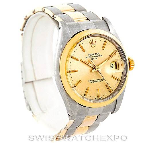 This image shows a Rolex Vintage Collection 1500 Men's Steel and Gold (two tone) Champagne Dial 1500 Men's Steel and Gold (two tone) Champagne Dial watch with a gold and stainless steel bracelet and a champagne dial, viewed at an angle showcasing the face and bracelet.