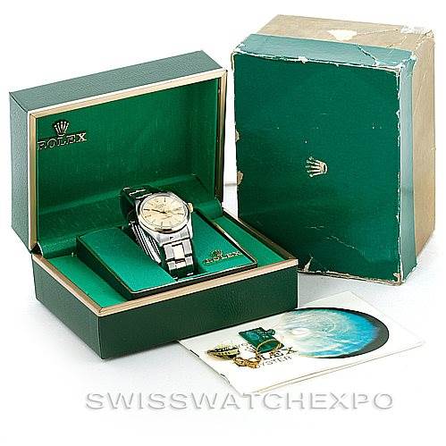The image shows a Rolex Vintage Collection 1500 Men's Steel and Gold (two tone) Champagne Dial 1500 Men's Steel and Gold (two tone) Champagne Dial watch at a slight angle, inside its box, with the outer box, booklet, and tag.