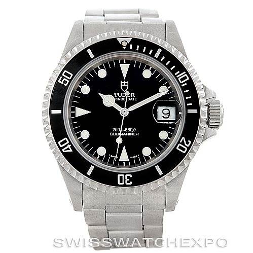 The image shows a frontal view of the Tudor Submariner 79190 Men's Stainless Steel Black Dial 79190 Men's Stainless Steel Black Dial watch, displaying its dial, bezel, bracelet, and date feature.