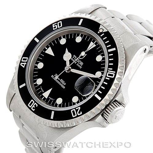 The image shows a Tudor Submariner 79190 Men's Stainless Steel Black Dial 79190 Men's Stainless Steel Black Dial watch from an angled top-down view, highlighting the bezel, dial, crown, and part of the bracelet.