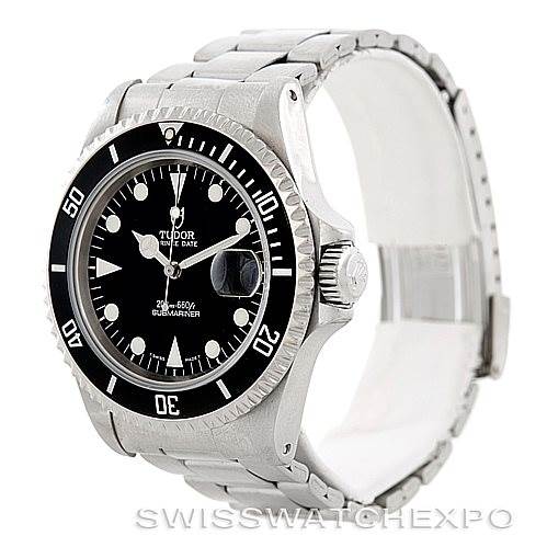 The image displays a Tudor Submariner 79190 Men's Stainless Steel Black Dial 79190 Men's Stainless Steel Black Dial watch at a slight angle, showing its face, bezel, crown, and bracelet.