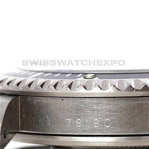 The image shows a close-up view of the side and bezel of a Tudor Submariner 79190 Men's Stainless Steel Black Dial 79190 Men's Stainless Steel Black Dial model with the reference number 79190 engraved.