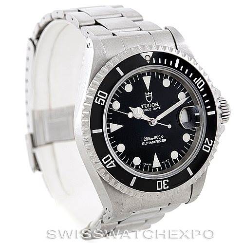 The image shows a side angle of the Tudor Submariner 79190 Men's Stainless Steel Black Dial 79190 Men's Stainless Steel Black Dial watch, highlighting the bezel, dial, and bracelet.