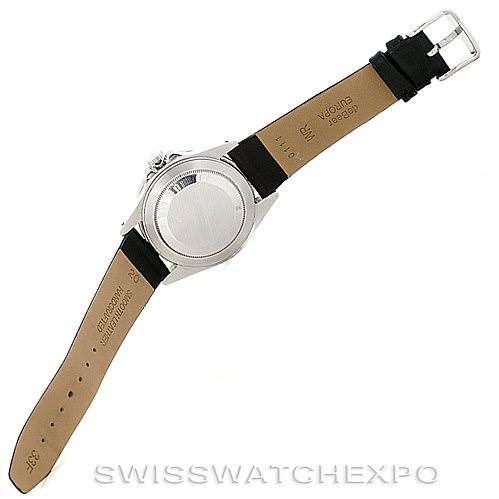 This image shows the back view of a Rolex Vintage Collection 16760 Men's Stainless Steel Black Dial 16760 Men's Stainless Steel Black Dial watch, highlighting the case back and leather strap.