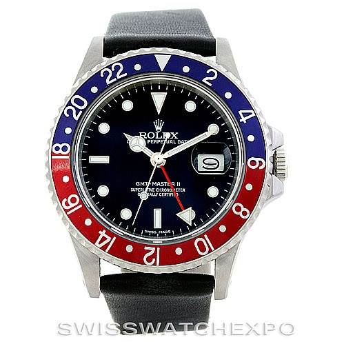 This image shows a front view of the Rolex Vintage Collection 16760 Men's Stainless Steel Black Dial 16760 Men's Stainless Steel Black Dial GMT-Master II watch, highlighting its black dial and red-blue bezel.