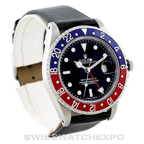 The image shows a Rolex Vintage Collection 16760 Men's Stainless Steel Black Dial 16760 Men's Stainless Steel Black Dial GMT-Master II watch with a leather strap, photographed from an angled front view.