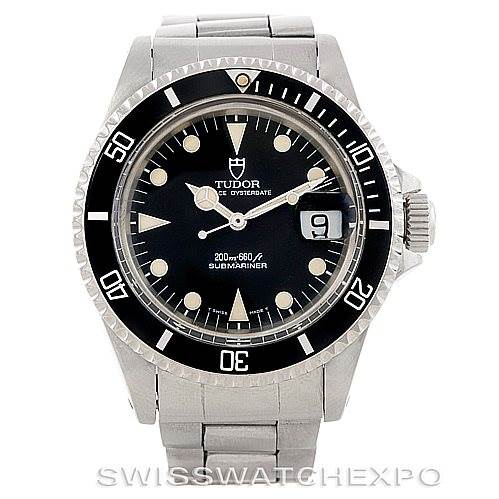 The image shows a front view of the Tudor Submariner 79090 Men's Stainless Steel Black Dial 79090 Men's Stainless Steel Black Dial watch, displaying its dial, bezel, crown, and bracelet.