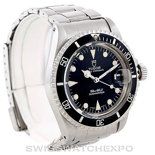 The Tudor Submariner 79090 Men's Stainless Steel Black Dial 79090 Men's Stainless Steel Black Dial watch is shown at an angle highlighting the face, bezel, crown, and part of the bracelet.
