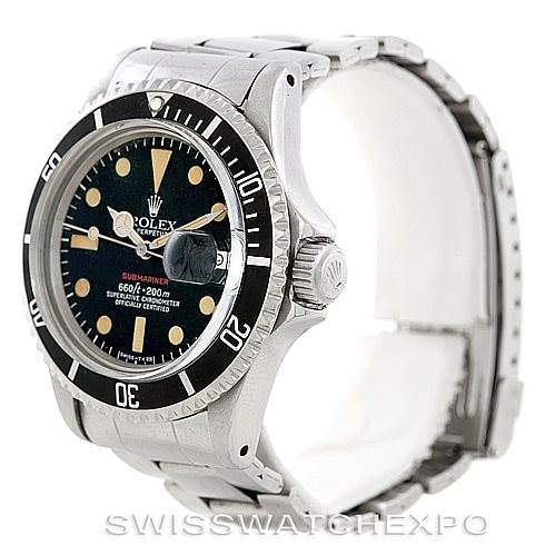 The image shows a side angle of a Rolex Vintage Collection 1680 Men's Stainless Steel Black Dial 1680 Men's Stainless Steel Black Dial watch, highlighting the bezel, dial, crown, and bracelet.