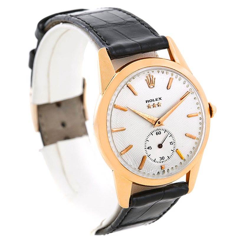 The Rolex Vintage Collection 8405 Men's Rose Gold Silver Dial 8405 Men's Rose Gold Silver Dial watch is shown at a three-quarter angle, highlighting the dial, strap, and crown.