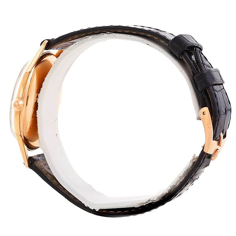 The image shows a side view of a Rolex Vintage Collection 8405 Men's Rose Gold Silver Dial 8405 Men's Rose Gold Silver Dial model, highlighting the leather strap and gold case.