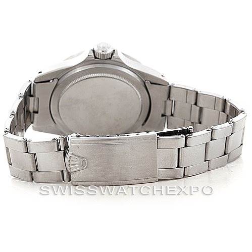 The image shows the back view of a Rolex Vintage Collection 5512 Men
s Stainless Steel  5512 Men
s Stainless Steel  watch, focusing on the case back and closed clasp of the metal bracelet.