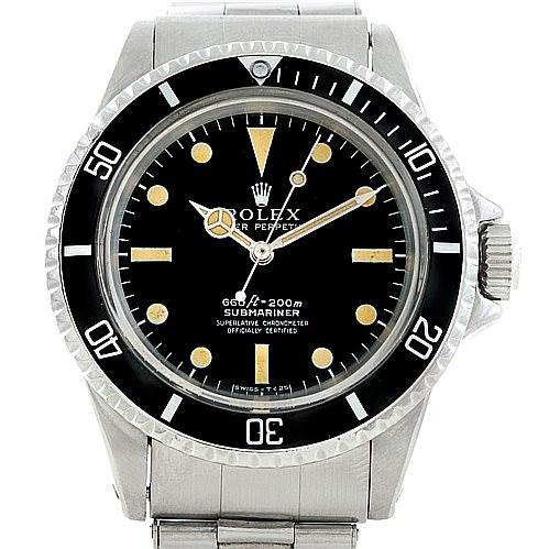 This image shows a front view of the Rolex Vintage Collection 5512 Men
s Stainless Steel  5512 Men
s Stainless Steel  Submariner, displaying its black dial, bezel, and stainless steel bracelet.