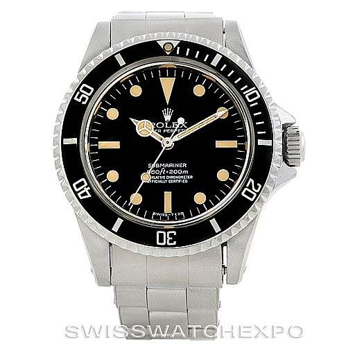 The image shows a front view of a Rolex Vintage Collection 5512 Men's Stainless Steel  5512 Men's Stainless Steel  Submariner watch, featuring its dial, bezel, and bracelet.