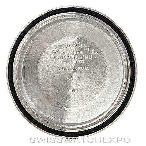 The image shows the inside of the case back of the Vintage Collection Rolex 5513 watch, displaying service markings.