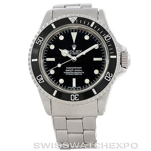 This image shows a front view of the Rolex Vintage Collection 5512 Men
s Stainless Steel  5512 Men
s Stainless Steel  Submariner watch with a black dial and stainless steel bracelet.