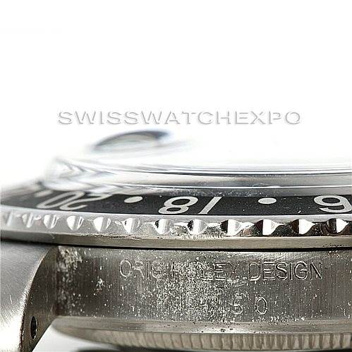 The image shows a side angle of the bezel and part of the case for the Rolex Vintage Collection 16750 Men's Stainless Steel Black Dial 16750 Men's Stainless Steel Black Dial model, highlighting the original design markings.