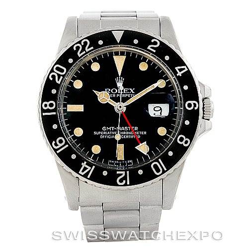 The image shows a front view of the Rolex Vintage Collection 16750 Men's Stainless Steel Black Dial 16750 Men's Stainless Steel Black Dial GMT-Master watch, displaying the dial, bezel, and bracelet.