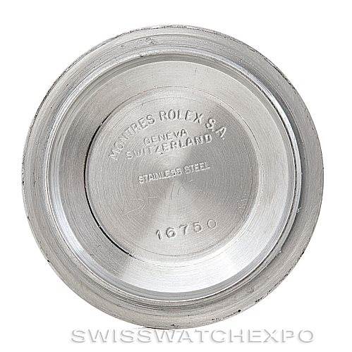 The image shows the inside of the case back of a Rolex Vintage Collection 16750 Men's Stainless Steel Black Dial 16750 Men's Stainless Steel Black Dial watch, displaying engravings and the model number 16750.