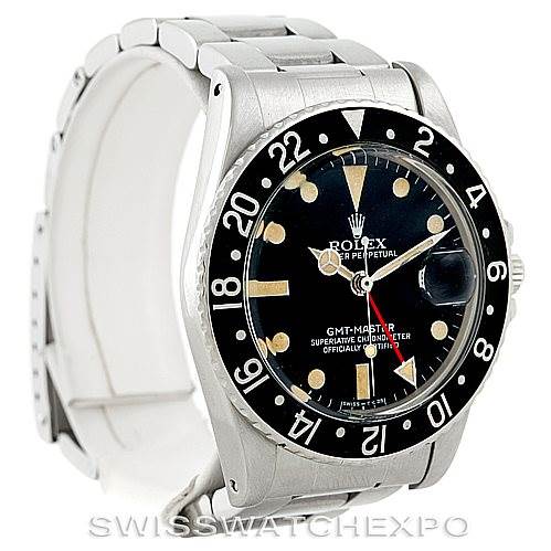 The image shows a Rolex Vintage Collection 16750 Men's Stainless Steel Black Dial 16750 Men's Stainless Steel Black Dial GMT-Master watch from an angled front view, displaying the bezel, dial, and bracelet.