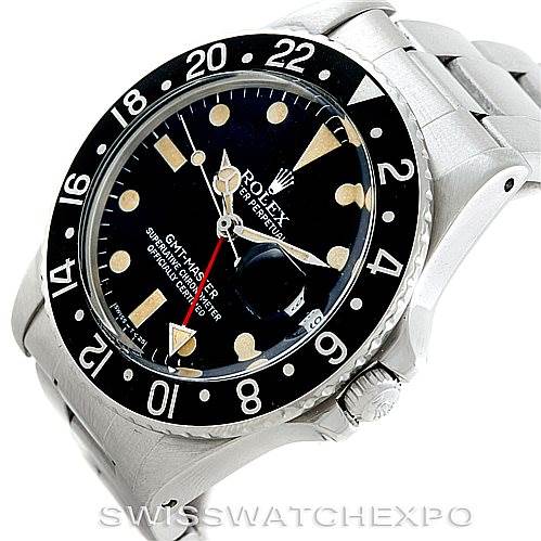 This image shows a side and front angle of the Rolex GMT-Master Vintage Collection watch, highlighting the bezel, crown, dial, and bracelet.