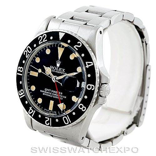 This is a front angled view of the Rolex Vintage Collection 16750 Men's Stainless Steel Black Dial 16750 Men's Stainless Steel Black Dial GMT-Master watch showing its dial, bezel, crown, and strap.