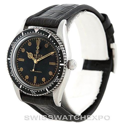 The image shows a side angle view of a Vintage Collection Rolex watch featuring its face, bezel, crown, and leather strap.