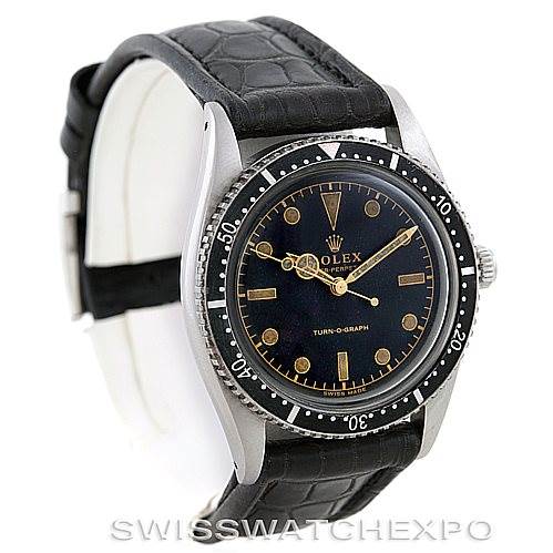 This image shows the front view of a Rolex Vintage Collection 6202 Men's Stainless Steel Black Dial 6202 Men's Stainless Steel Black Dial Turn-O-Graph watch with a black leather strap and black dial.