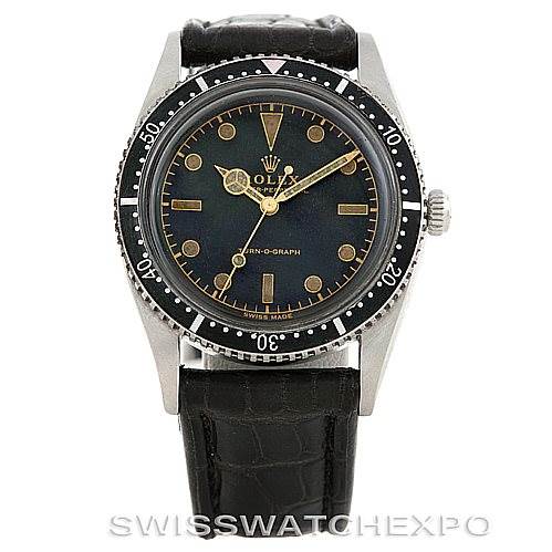 The image shows a front view of a Vintage Collection Rolex Turn-O-Graph watch with a black leather strap and black bezel.
