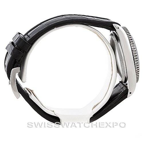 The image shows a side view of a Rolex Vintage Collection 6202 Men's Stainless Steel Black Dial 6202 Men's Stainless Steel Black Dial watch, highlighting the strap and case.