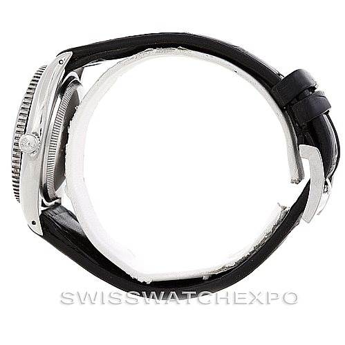 The image shows a side view of the Rolex Vintage Collection 6202 Men's Stainless Steel Black Dial 6202 Men's Stainless Steel Black Dial model, highlighting the watch case, crown, and black leather strap.