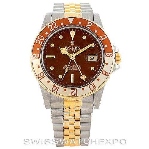The image shows a frontal view of a Rolex Vintage Collection 16753 Men's Stainless Steel Brown Dial 16753 Men's Stainless Steel Brown Dial watch, featuring a brown dial, dual-tone bracelet, and a red and gold bezel.