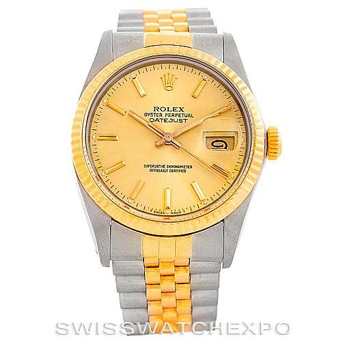The image shows a front view of a Rolex Vintage Collection 16013 Men's Stainless Steel Champagne Dial 16013 Men's Stainless Steel Champagne Dial Oyster Perpetual Datejust watch, highlighting its dial, bezel, and bracelet.