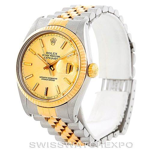 The Rolex Vintage Collection 16013 Men's Stainless Steel Champagne Dial 16013 Men's Stainless Steel Champagne Dial model is shown at a three-quarter angle, highlighting its gold and stainless steel bracelet and gold dial.