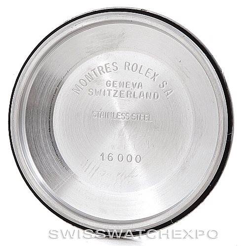 This is the inside view of the case back for the Vintage Collection model by Rolex, showing inscriptions and model number 16000.