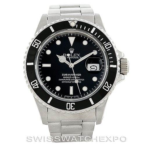 The image shows a front view of a Rolex Vintage Collection 168000 Men's Stainless Steel Black Dial 168000 Men's Stainless Steel Black Dial Submariner watch, displaying its black dial, bezel, and date window.