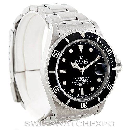 The image shows a side and front view of a Rolex Vintage Collection 168000 Men's Stainless Steel Black Dial 168000 Men's Stainless Steel Black Dial Submariner watch, highlighting the bracelet and dial.
