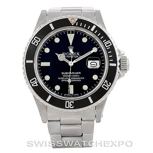 The image shows a front view of a Rolex Vintage Collection 16800 Men's Stainless Steel Black Dial 16800 Men's Stainless Steel Black Dial Submariner watch, displaying the dial, bezel, and part of the bracelet.